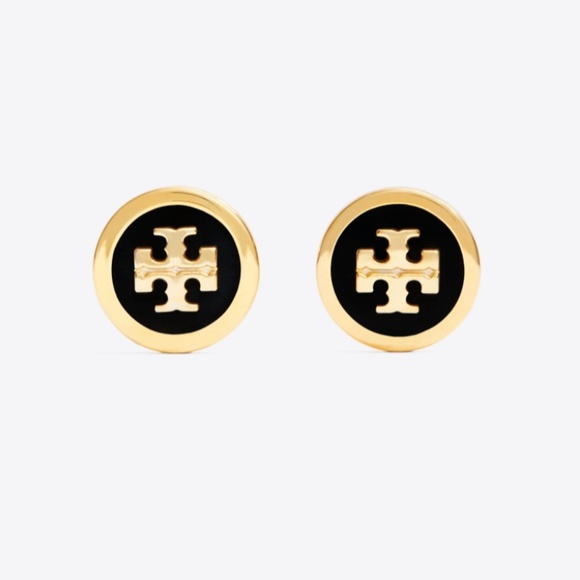 Tory Burch | Jewelry | Tory Burch Black T Logo Gold Stud Earrings ...